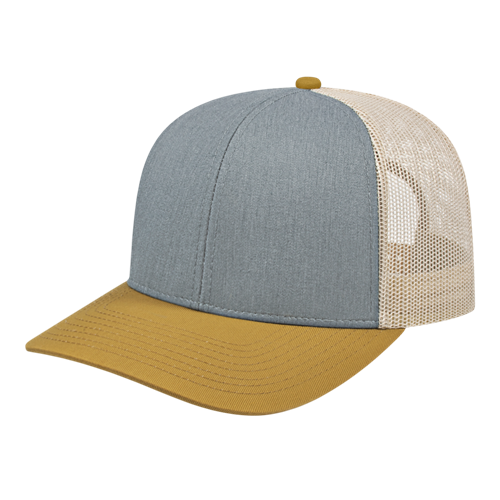 POLY/COTTON TRUCKER MESH BACK CAP ADULT HEATHER/AMBER/STONE