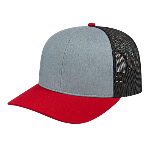 POLY/COTTON TRUCKER MESH BACK CAP ADULT HEATHER/RED/BLACK