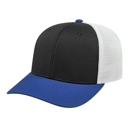 FLEXFIT 110® PREMIUM TRUCKER MESH BACK CAP ADULT BLACK/ROYAL/WHITE