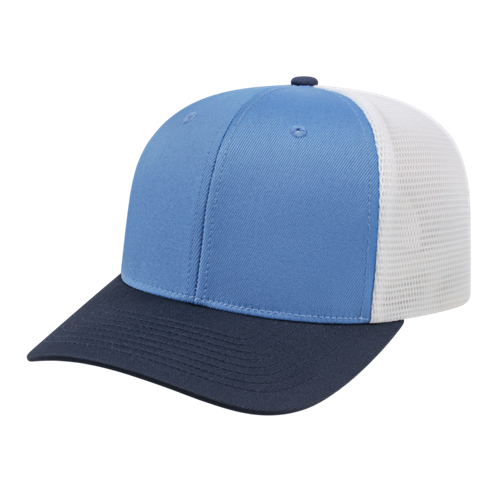 FLEXFIT 110® PREMIUM TRUCKER MESH BACK CAP ADULT COLUMBIA/NAVY/WHITE