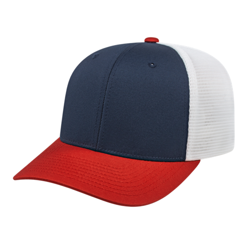 FLEXFIT 110® PREMIUM TRUCKER MESH BACK CAP ADULT NAVY/RED/WHITE