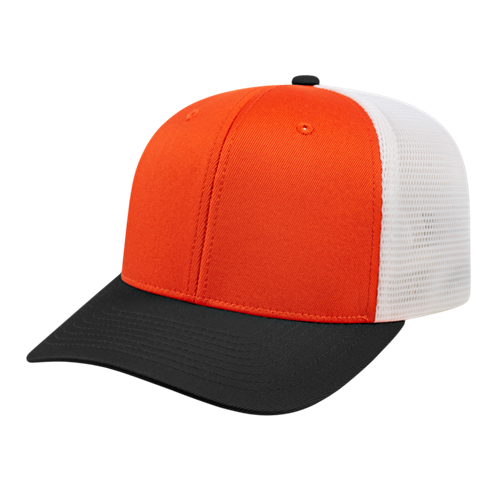 FLEXFIT 110® PREMIUM TRUCKER MESH BACK CAP ADULT ORANGE/BLACK/WHITE