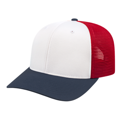 FLEXFIT 110® PREMIUM TRUCKER MESH BACK CAP ADULT WHITE/NAVY/RED