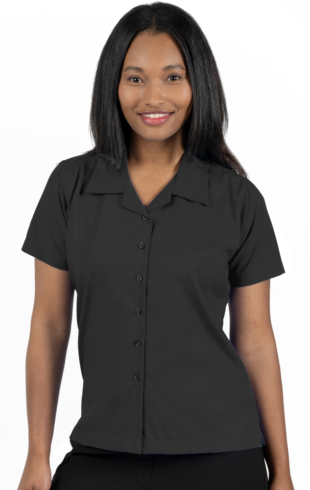 LADIES SHORT SLEEVE SOLID CAMPSHIRT 65/35 POLY/ COTTON  -  BLACK 2 EXTRA LARGE SOLID-