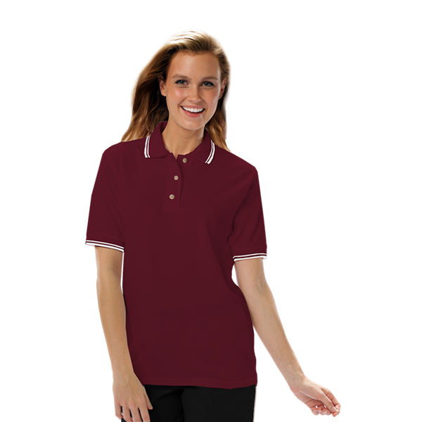 LADIES SHORT SLEEVE TIPPED COLLAR & CUFF PIQUES  -  BURGUNDY 2 EXTRA LARGE TIPPED WHITE