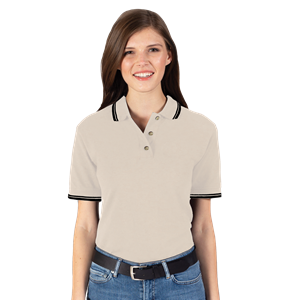 LADIES SHORT SLEEVE TIPPED COLLAR & CUFF PIQUES  -  NATURAL 2 EXTRA LARGE TIPPED BLACK