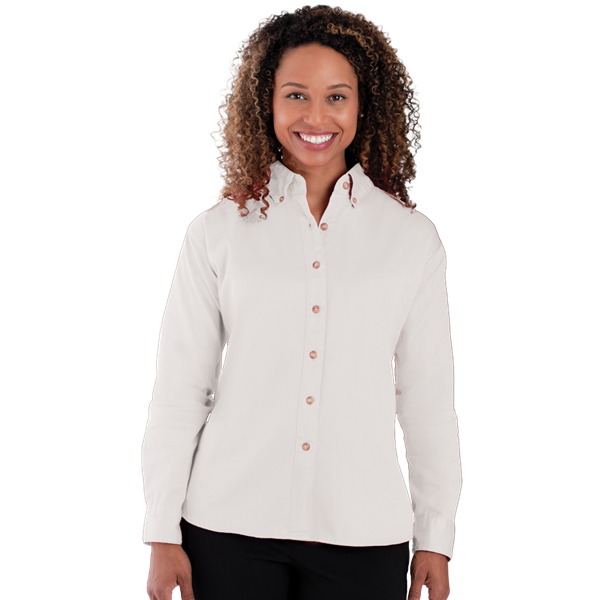LADIES LONG SLEEVE 100% COTTON TWILL  -  WHITE 2 EXTRA LARGE SOLID