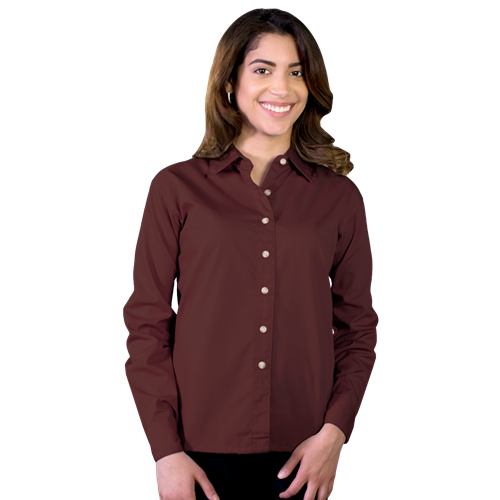 LADIES LONG SLEEVE EASY CARE POPLIN  -  CHOCOLATE 2 EXTRA LARGE SOLID
