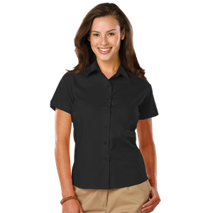 LADIES EASY CARE STRETCH SS POPLIN -  BLACK 2 EXTRA LARGE SOLID
