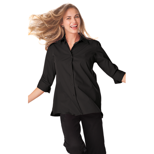 LADIES 3/4 SLEEVE EASY CARE POPLIN SWING BLOUSE/MATCHING BUTTONS   -  BLACK 2 EXTRA LARGE SOLID