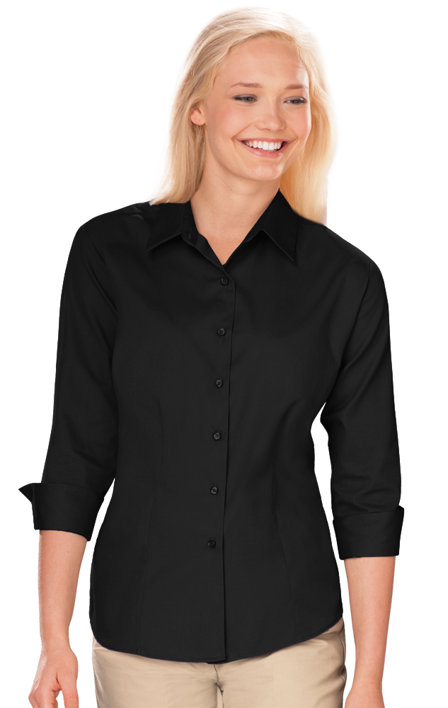 LADIES 3/4 SLEEVE PEACHED FINE LINE TWILL SHIRT  -  BLACK 2 EXTRA LARGE SOLID-Blue Generation