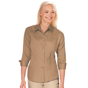 LADIES 3/4 SLEEVE PEACHED FINE LINE TWILL SHIRT  -  TAN 2 EXTRA LARGE SOLID