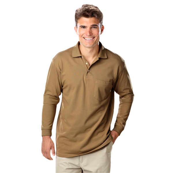 MENS LONG SLEEVE SUPERBLEND PIQUE WITH POCKET  -  TAN 2 EXTRA LARGE SOLID